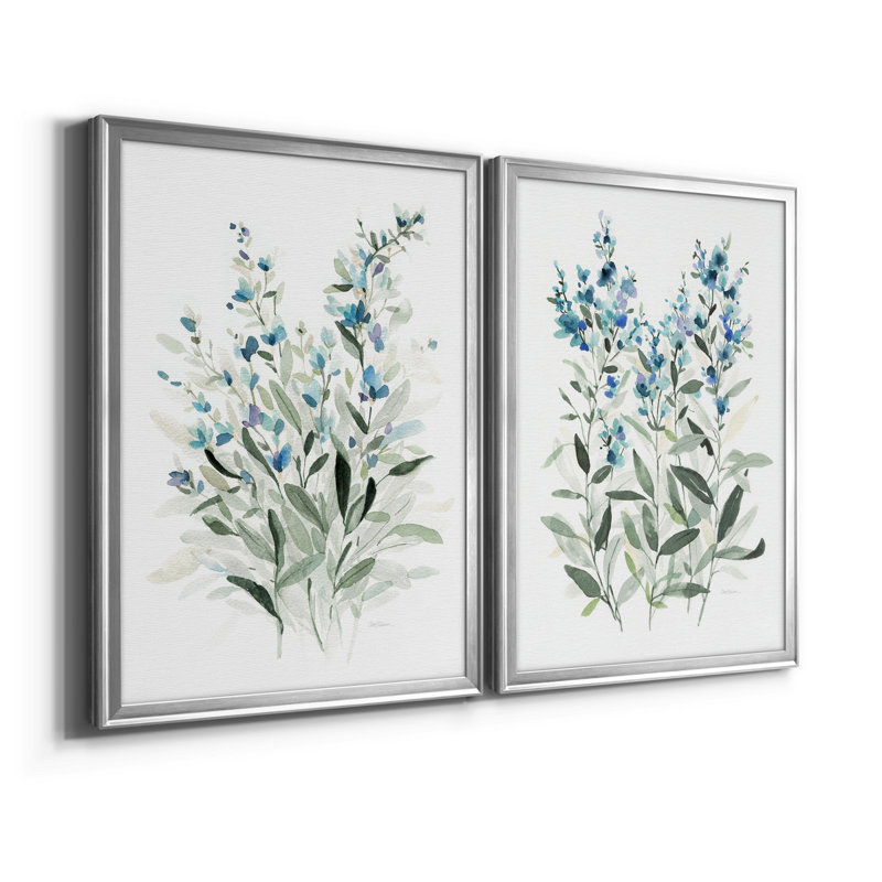 «Delicate Blue Botanical I», ensemble de 2 reproductions d'art sur toile encadrées, Argent, H 18,5 po x l 49 po x P 1,5 po