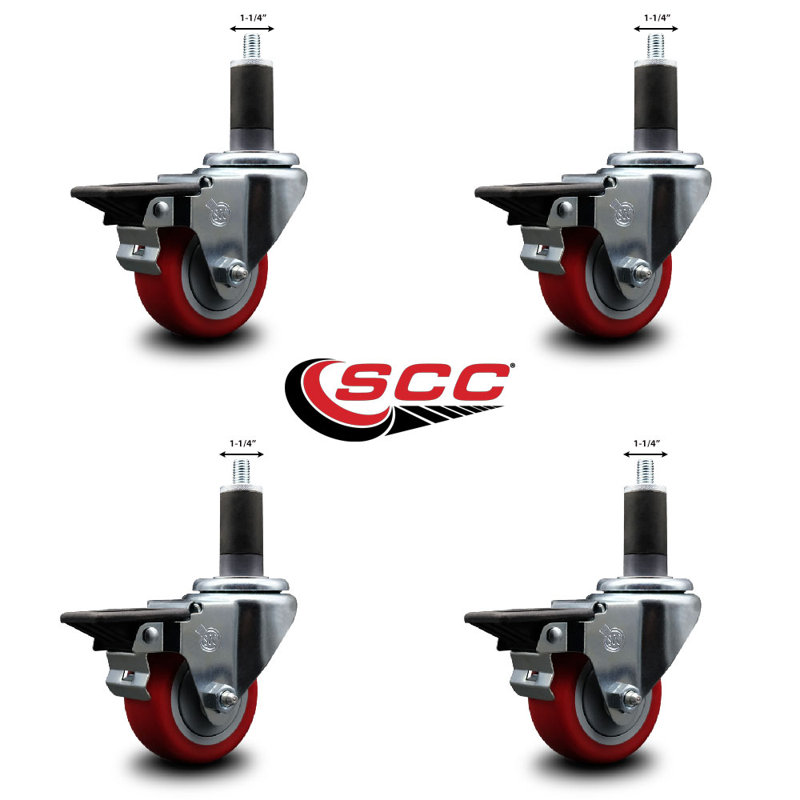 Ensemble de roulettes extensibles en poly pivotant rouge de 3 pouces 1-1 / 4 pouces avec frein SCC