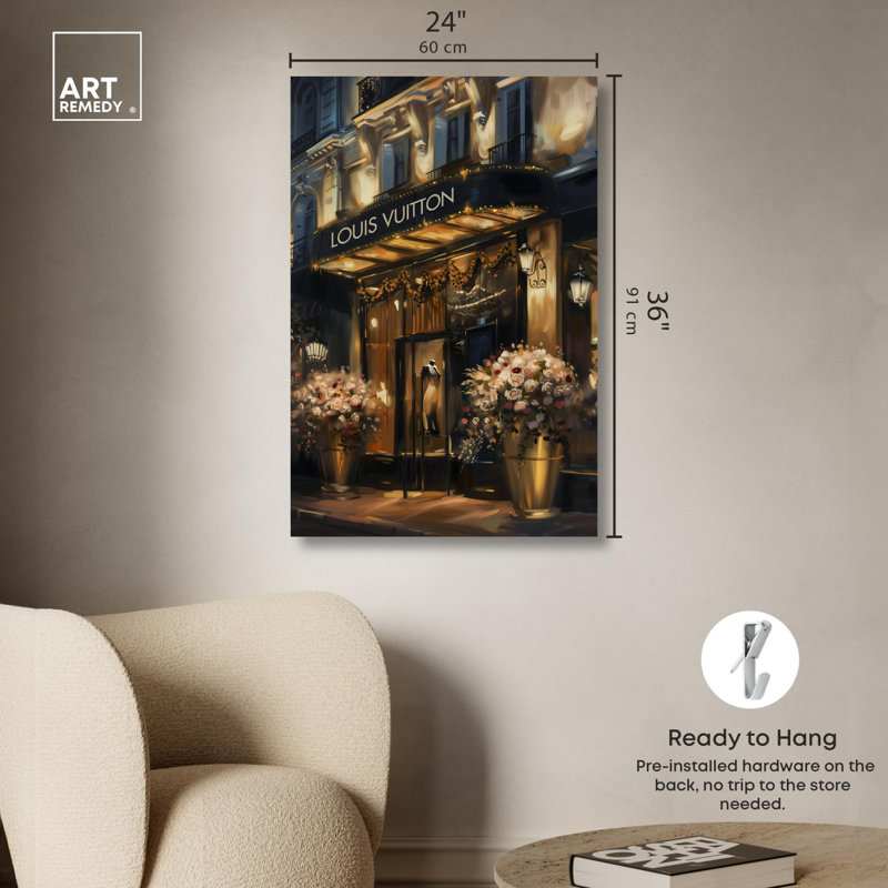 «Elegant Night Storefront» par Art Remedy, H 36 po x l 24 po, Toile tendue sur cadre, Ne s’applique pas