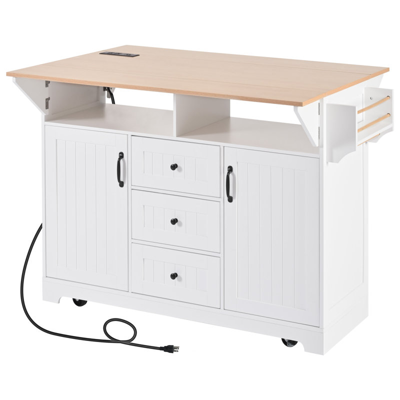 55.7" White Kitchen Island with Power Outlet & Dual Drop Leaf, Rolling Kitchen Cart with 3 Drawers & Spice Rack, Large Folding Dining Table with Storage for Kitchen, Dining Room
