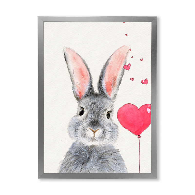 Adorable lapin gris moelleux avec cœur rouge - reproduction sur toile, H 40 po x l 30 po x P 1,5 po, Cadre photo argenté