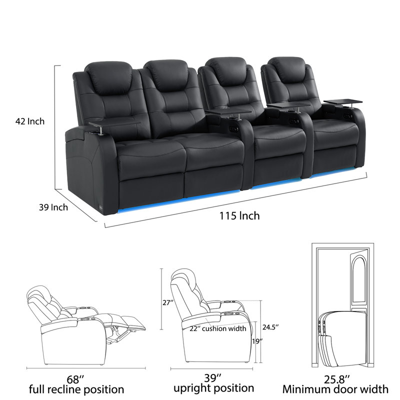 Double fauteuil inclinable de cinéma maison en cuir fleur avec ports USB et de type C, Cuir véritable noir