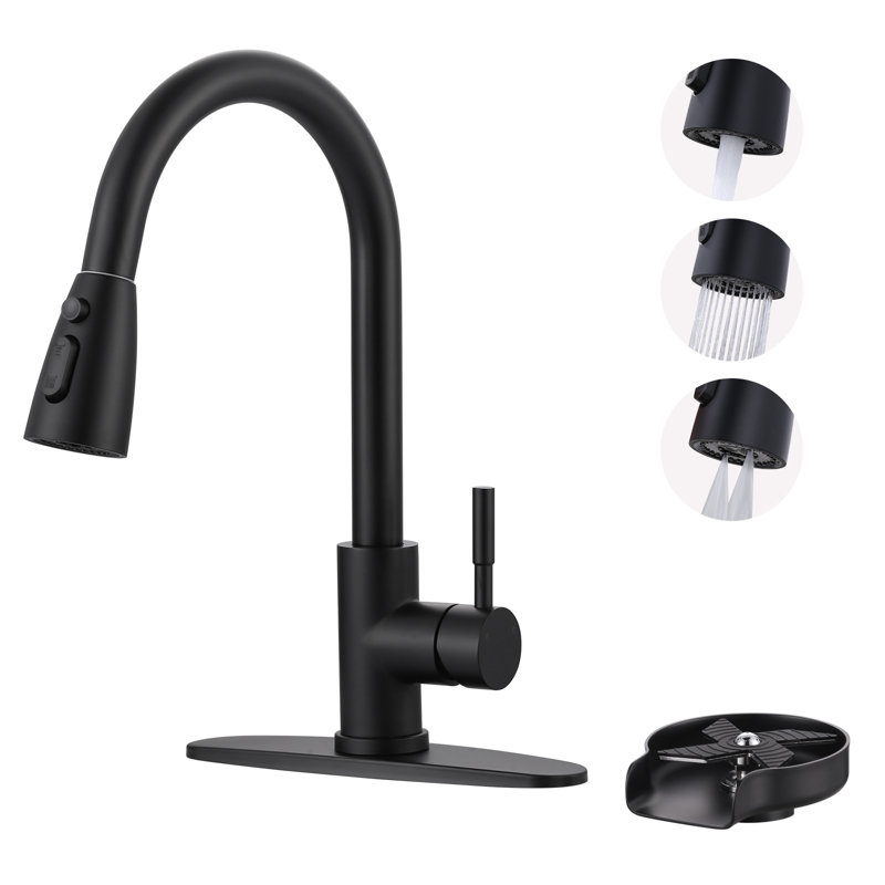 Single Handle Stainless Steel Pull-Down Kitchen Faucet with Deckplate and Glass Rinser Combo, Matte Black
