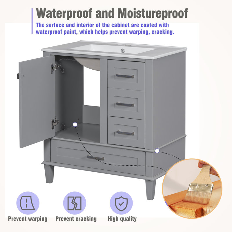30 in. Grey MDF Freestanding Single Sink Bath Vanity with White Ceramic Top