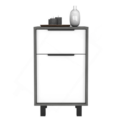 Table de chevet H 27 po, un tiroir, rangement avec porte, quatre pieds, chêne fumé / blanc