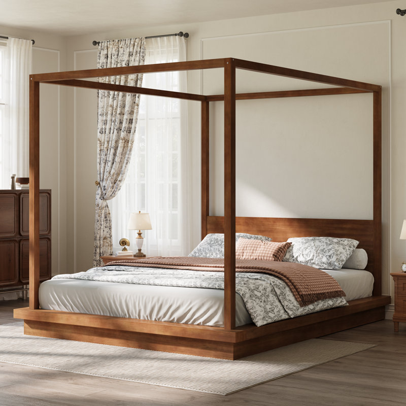 Grand lit plateforme à baldaquin en bois avec tête de lit, gris, Grand lit, Gris