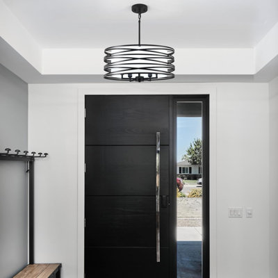 Modern Drum Chandelier With White Shade - 5 Light Industrial Farmhouse Pendant Light Fixture For Dining Room, Kitchen Island, Entryway, Bedroom - Adjustable Height & Sloped Ceiling Compatible
