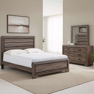 Ensemble de chambre à coucher 3 pièces avec grand lit, commode et miroir en bois brun patiné