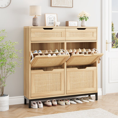 Meuble à chaussures d'entrée en rotin naturel | 4 tiroirs supérieurs et 2 tiroirs supérieurs, étroit étroit avec pieds en métal (vestibule / couloir)
