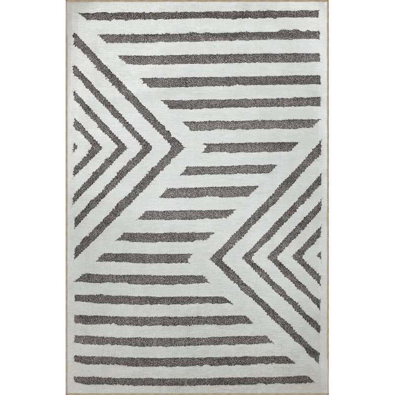 Gray-Beige Themed Stripe Zigzag Shape Patterned Creative Modern Decorative Rug, Runner 3'3" x 9'10"