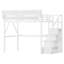 Lit mezzanine en métal blanc avec escalier et charge intégrée pour les adolescents, des étagères de rangement éclairent une chambre à coucher moderne