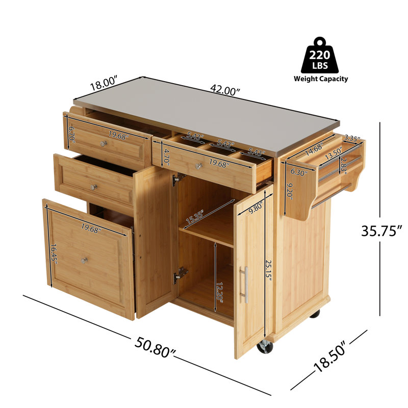 Hiltonia Modern Farmhouse Bamboo Rolling Kitchen Island with Stainless Steel Top