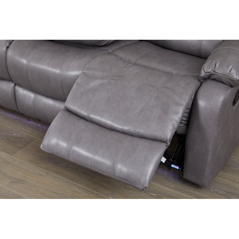 Faux Leather Manual Reclining Sofa with LED Lights With Drop Down Table, Gray