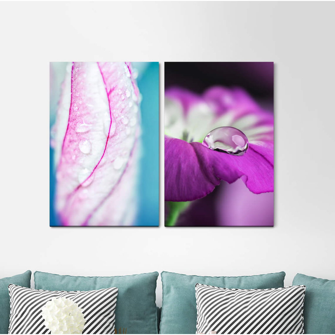 2-tlg. Leinwandbilder-Set - Grafikdruck „Flower Blossoms Turquoise Blue Violet Water Drops”