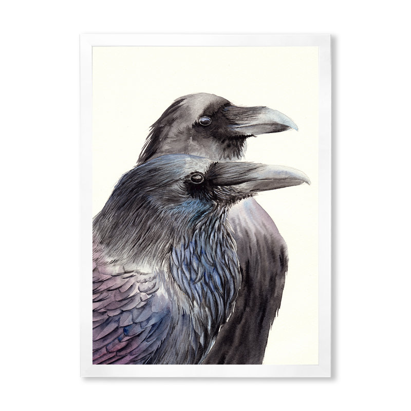 Deux corbeaux noirs avec des plumes noires et bleues - peinture sur toile, H 40 po x l 30 po