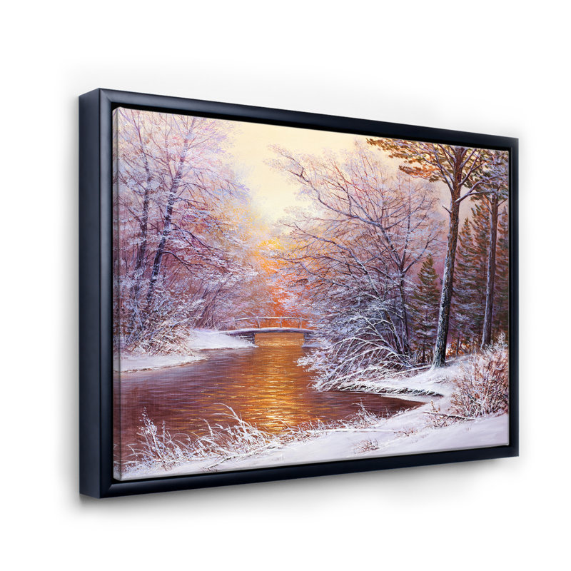 Forêt de Noël avec rivière et arbres II - peinture sur toile, H 12 po x l 20 po x p 1 po, Cadre flottant noir