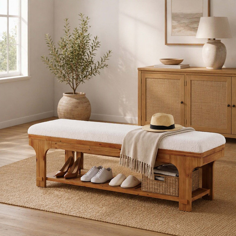 Banc d'entrée rustique en bois massif de 150 cm, banquette rembourrée en tissu bouclé avec étagère à chaussures à lattes