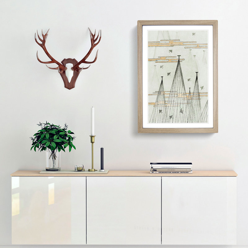 Skyscape with Birds by Watanabe Seitei - Picture Frame Painting Print, 87cm H x 62cm W x 2cm D, Oak Framed