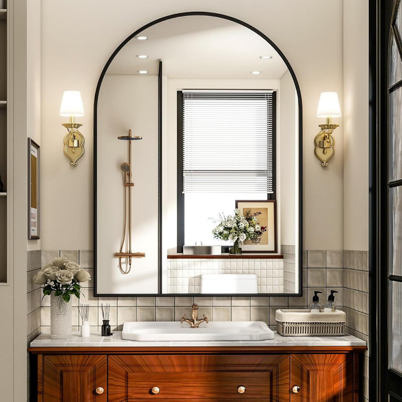 36X48 Inch Arch Bathroom Mirror, Wall-Mounted Vanity Mirror With Aluminum Alloy Frame, Ideal For Living Room, Bedroom, Bathroom, And Entryway, Hanging Or Leaning, Black