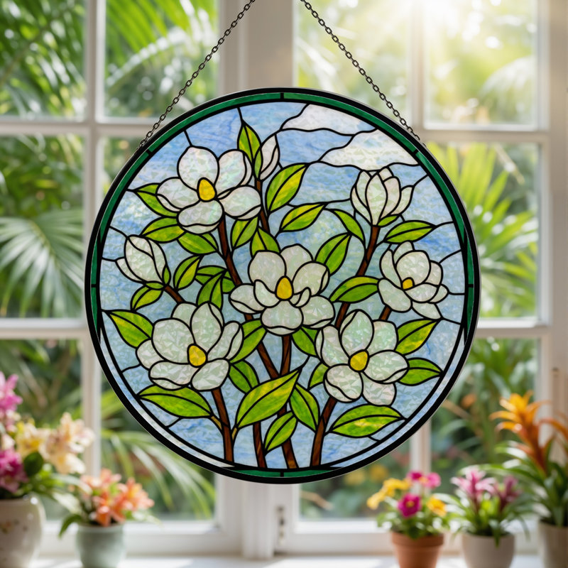Panneau de vitrail 12 "H Magnolia Flowers