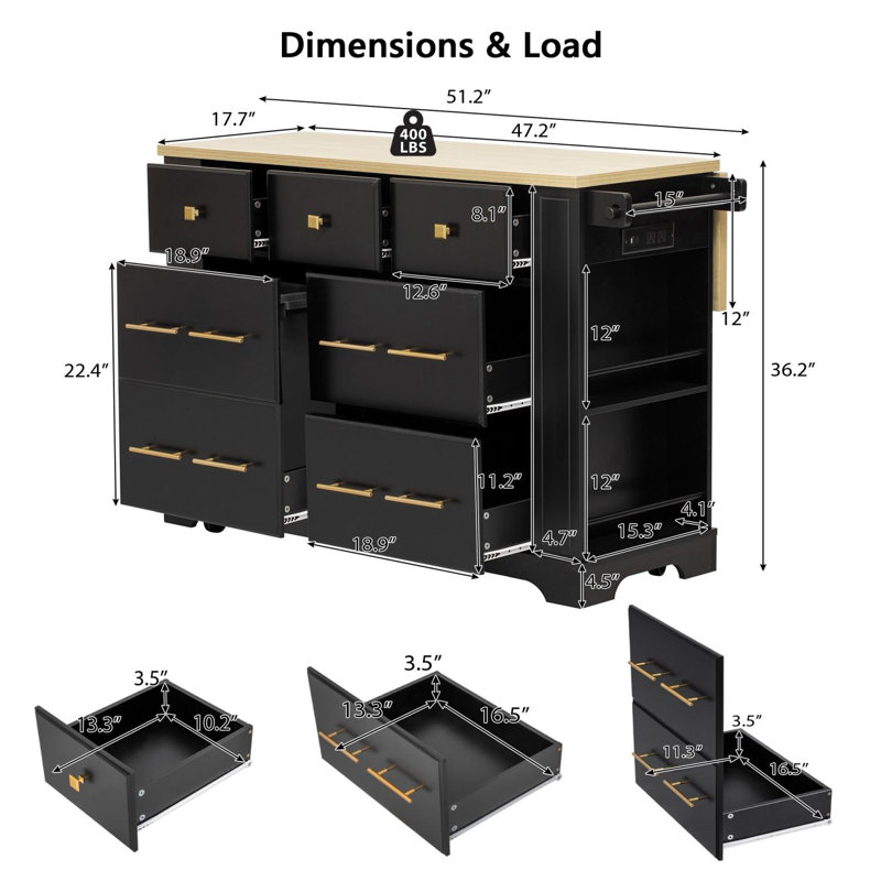 Kitchen Island with Drawers, Pull Out Trash Storage, Rolling Island with Leaf, Black