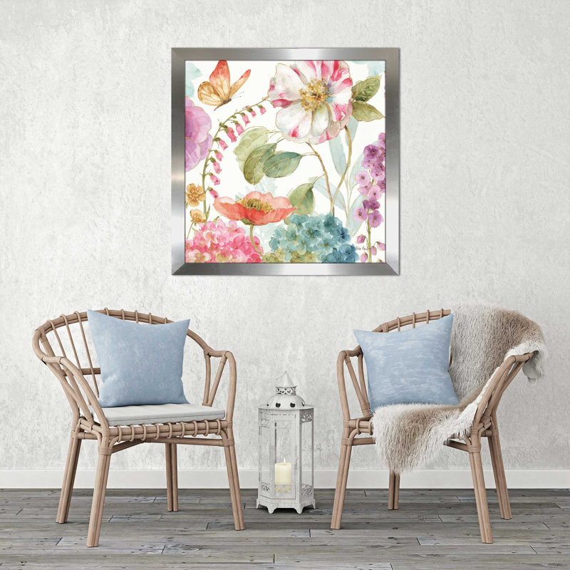 «Rainbow Seeds Flowers II», reproduction de peinture à l'aquarelle, H 21,5 po x l 21,5 po x P 0,75 po, Encadrement argenté