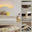 Structure de lit simple tapissier en mélange de lin beige avec lumière DEL et tête de lit réglable en hauteur, sans sommier tapissier-1220794978-1220794988