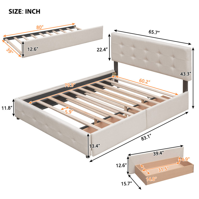  Queen Upholstered Platform Bed with Pull-Out Trundle, Modern Tufted Headboard, Beige, Beige