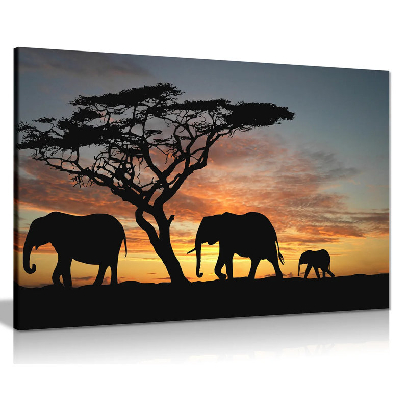 Elephants In The Sunset Africa Landscape Canvas Wall Art Picture Print - Wrapped Canvas Print, 51m H x 76cm W