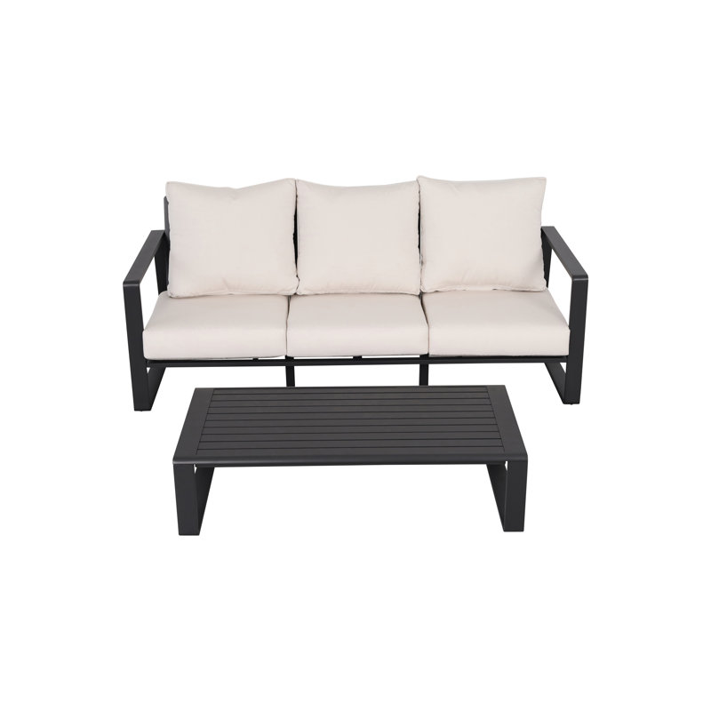 Table confortable à trois places et rectangulaire, coussins confortables gris, structure et table basse en aluminium robuste, coussin confortable,
