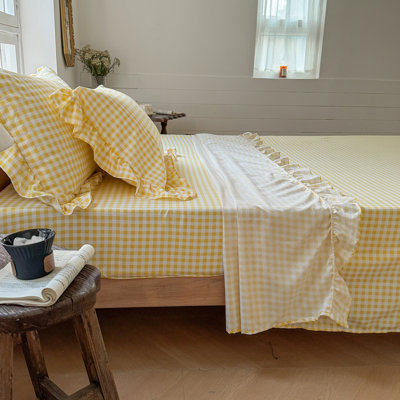 Gingham Ruffle Sheet Set, Soft Pre-Washed Microfiber Plaid Ruffled Bed Sheets, Farmhouse Sheet Set with Deep Pocket