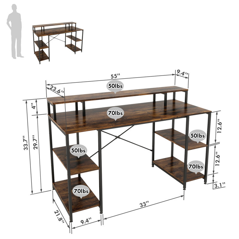 Kinslee 55inch Computer Desk, Office Work Desk with Monitor Stand, Rustic Brown