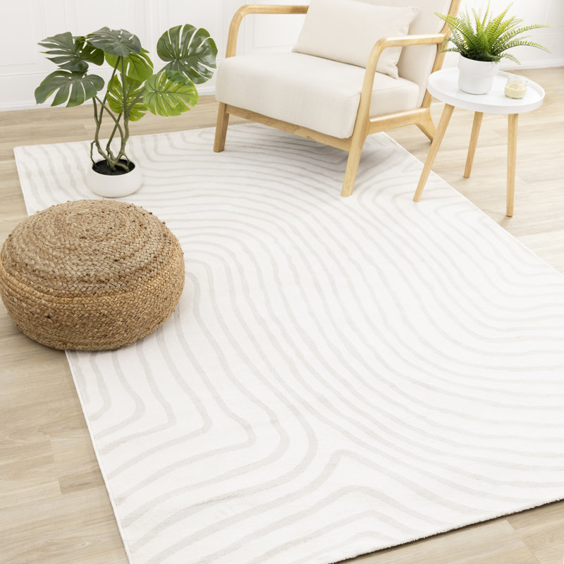 Tapis ivoire en polyester texturé à motif de vagues ondulées de la collection Ivri, Rectangle 6 pi 7 po x 9 pi 6 po