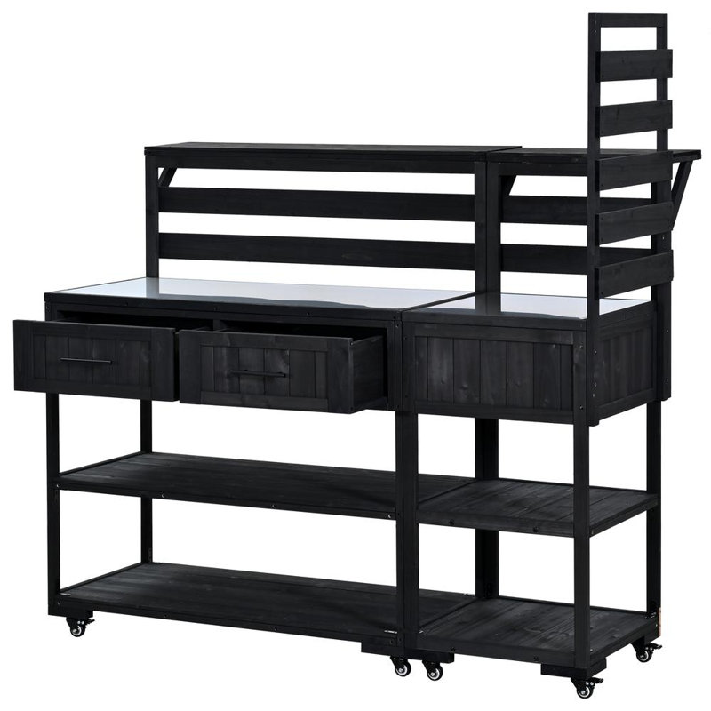 Îlot de cuisine pour patio, banc de jardin avec tablette surélevée et tiroirs, Noir