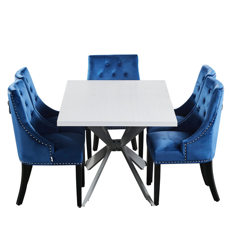 Graciela 6 Person Dining set - a Rectangular Wooden Dining Table with Metal Legs and a Set of 6 Quilted Ring Knocker Velvet Dining Chairs for Dining Room - Modern Dining Table Set