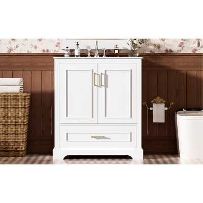 30" Bathroom Vanity With Sink, Setup, Divider Drawer, Double Shelf On Door, Soft-Close Doors, Solid Wood Frame And Material 30-Inch Modern Ceramic Effective Storage, Built-In Overflow, Foot For