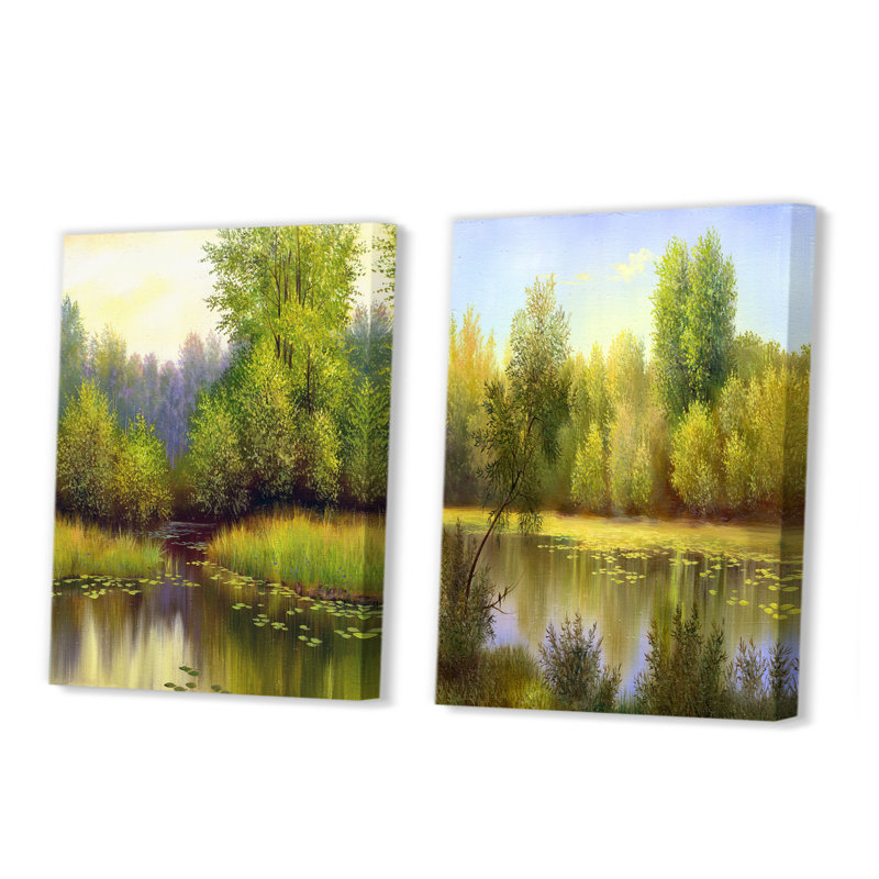 Beautiful Summer River Green Landscape I - Ensemble d'art campagnard de 2 pièces, H 36 po x l 48 po x P 1 po