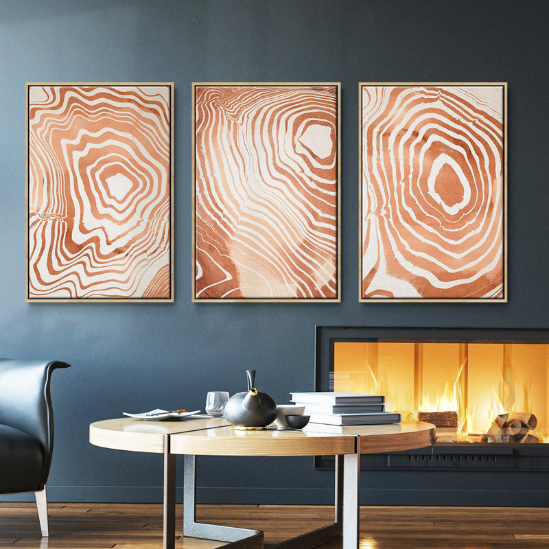 Ensemble de 3 pièces encadrées sur toile Suminagashi I à grain de bois, Bois naturel, H 27 po x l 54 po