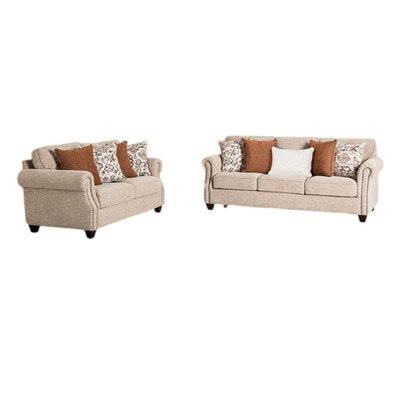 Ensemble de canapé et causeuse Bonie, accoudoirs roulés, 9 coussins, polyester taupe