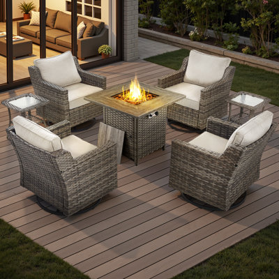 7 Piece Wicker Outdoor Furniture Set With Gas Fire Pti Table, High Back Patio Furniture Set With 4 Swivel Rocking Chairs And Side Table