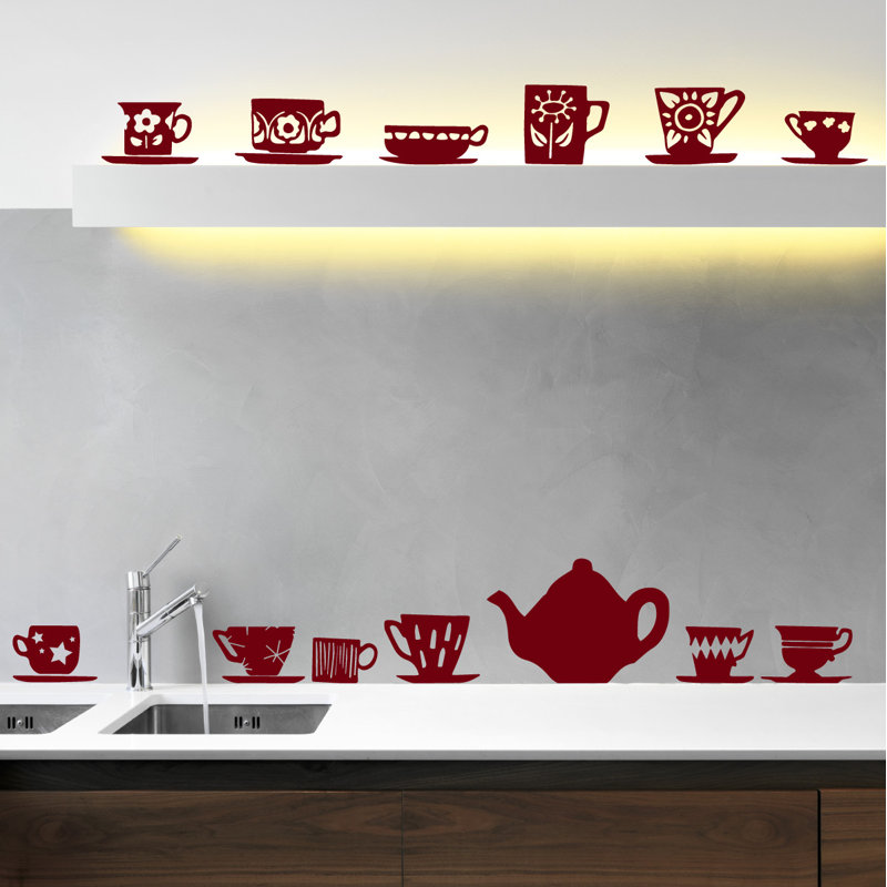 Décalcomanie murale tasses de thé, Bourgogne, H 32 po x l 33 po x P 0,01 po