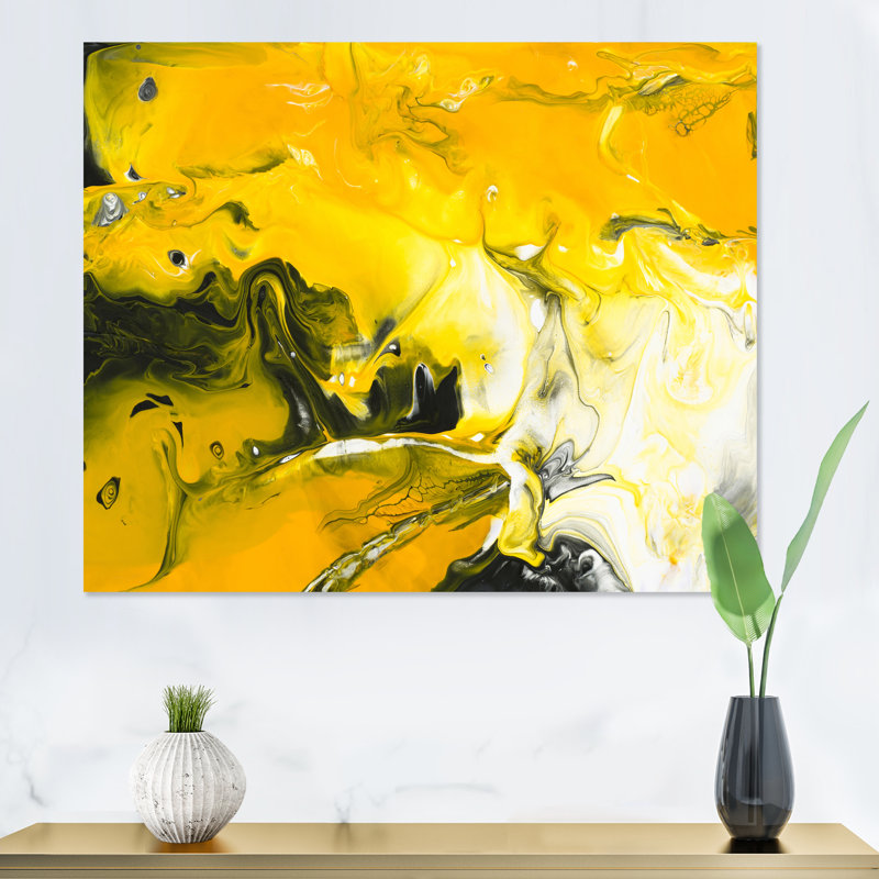 Jaune jaune noir et blanc liquide Art V - peinture sur toile, H 12 po x l 20 po x P 1 po, Toile tendue