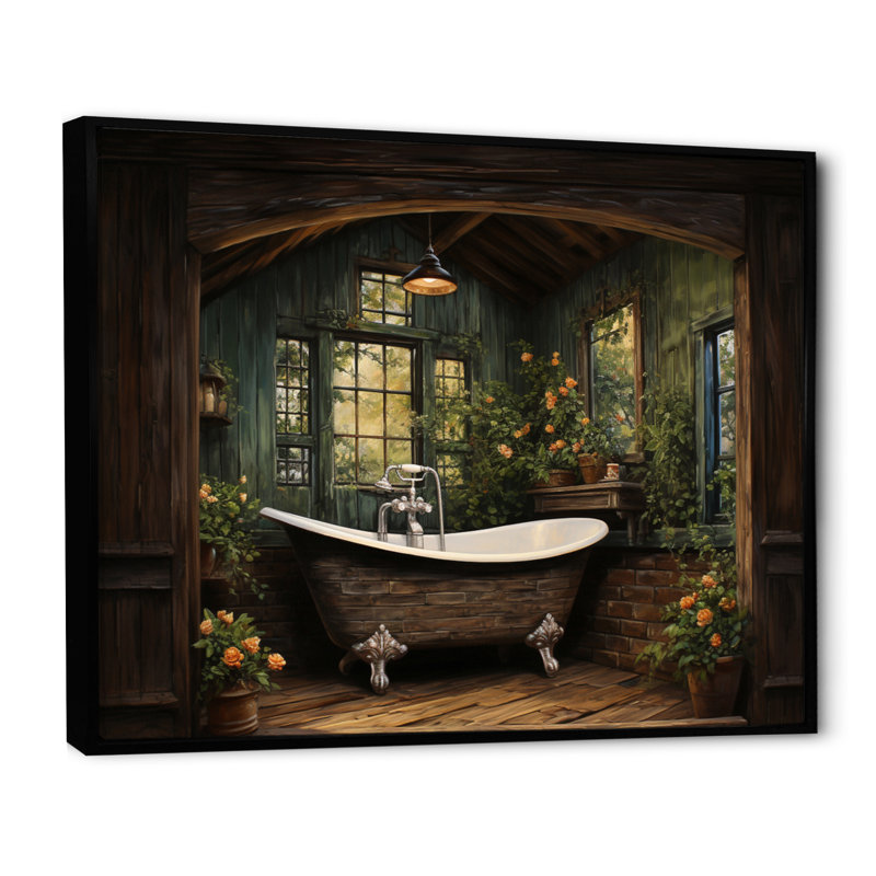 Bathroom Rustic Woodland Retreat II - Bathroom Framed Canvas Print, Black Floater Framed, 24" H x 32" W x 1" D