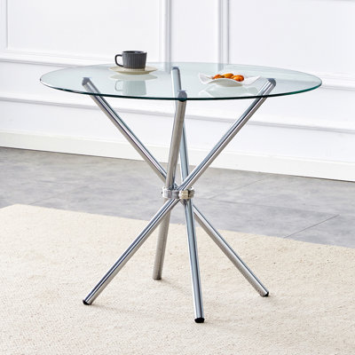 Table de salle à manger ronde en verre transparent avec une forme unique pour 4 à 6 personnes, avec des pieds en métal froncés en forme d'anneau, convenant aux bureaux, aux cuisines, aux terrasses et aux salles à manger.