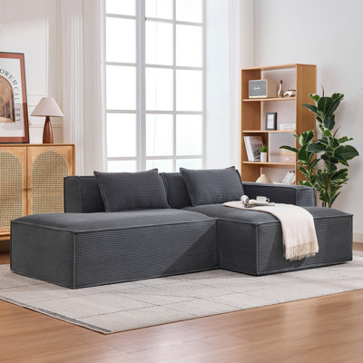 Canapé modulaire en velours côtelé à compression en L 92 po, canapé rembourré doux et désossé moderne avec jeté, aucun assemblage requis pour les petits espaces