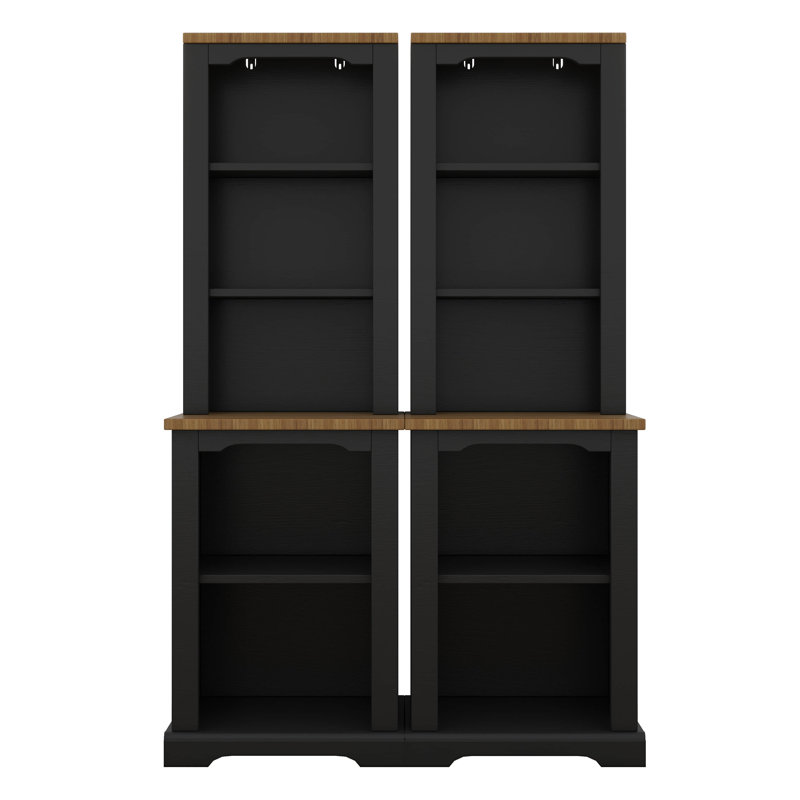 Two-Piece Freestanding Tall Cabinet With Fully Open Storage, Walnut Element Bookshelves With Curved Design, Black