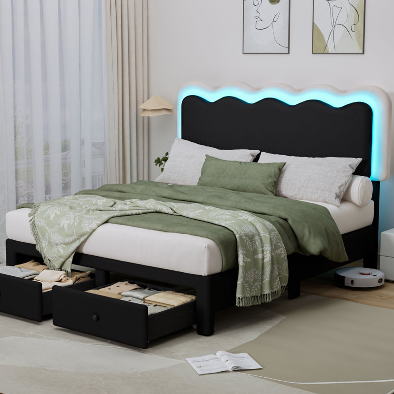 Upholstered LED Bed Frame with Drawer, Black, Full