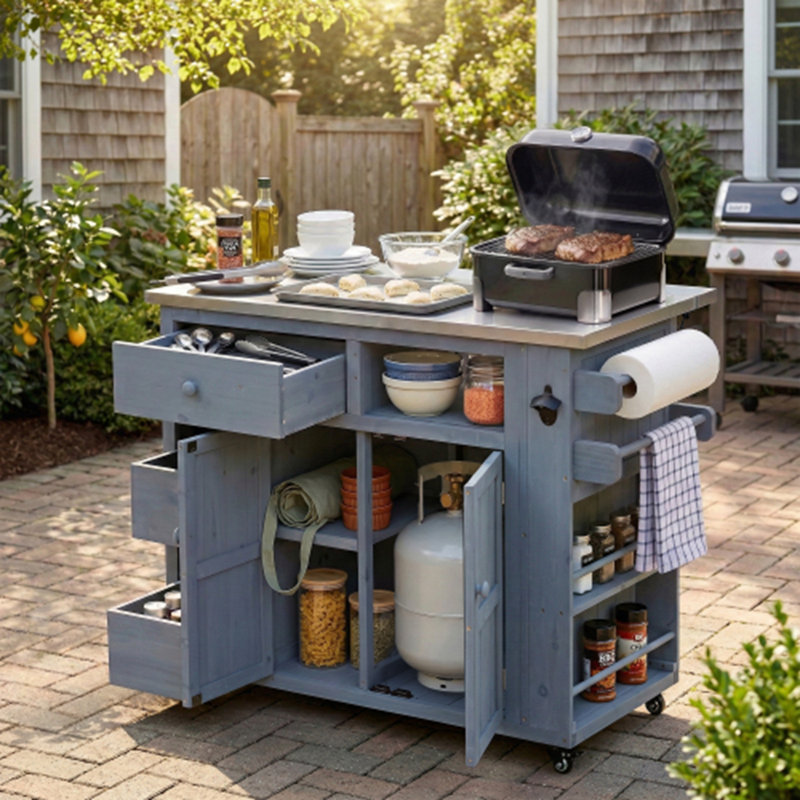 Outdoor Extendable Kitchen Island with Side Spice Rack and Drawers, Gray