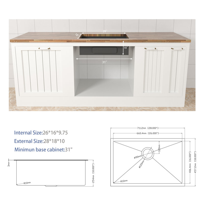 Évier de cuisine en acier inoxydable encastrable L 28 po x l 18 po avec accessoires, L 28 po x l 18 po