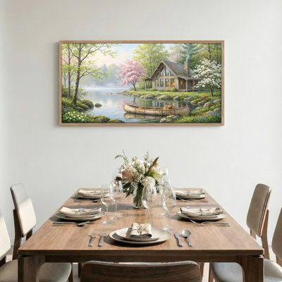 Tableau encadré sur toile « Cabane au bord du lac », 122 x 61 cm (48 x 24 pouces).